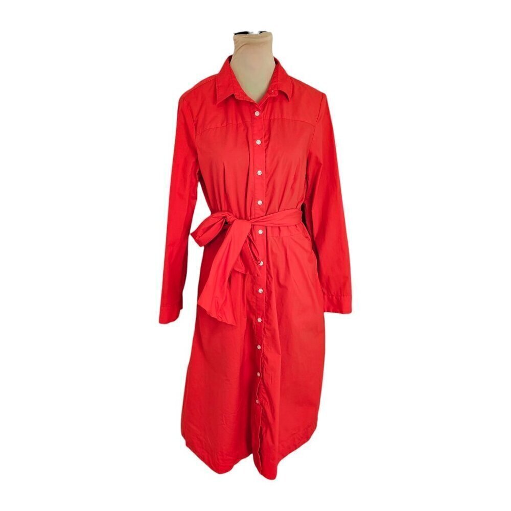 J. Crew Tie Waist Cotton Poplin Cerise Red Button Down Red Shirt Dress Sz 10